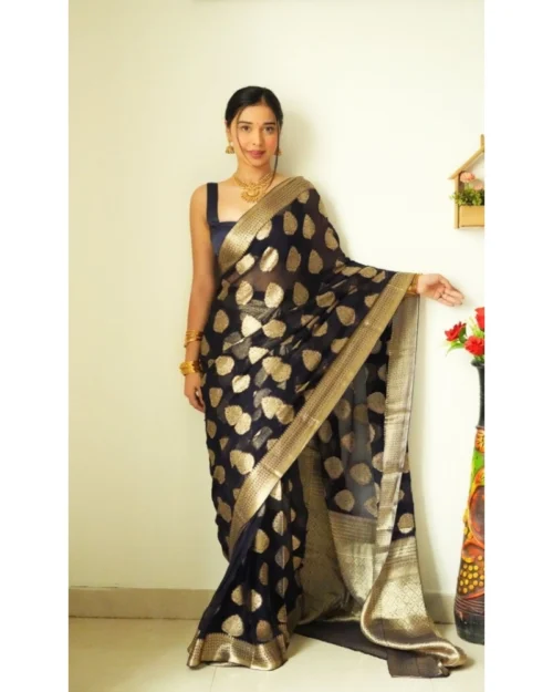 Generic Women's Litchi silk Printed Saree With Unstitched Blouse (Black)