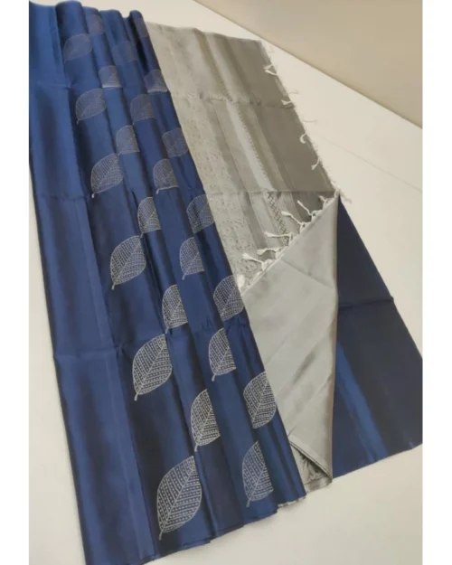 Generic Women's Litchi silk Printed Saree With Unstitched Blouse (Dark Blue)