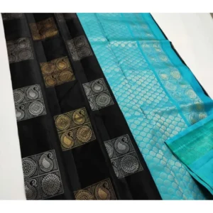 BSB233-SAs-YYYh-5018-blkliblu-main-1000x1000-1.webp Generic Women's Litchi silk Printed Saree With Unstitched Blouse (Black With Blue)