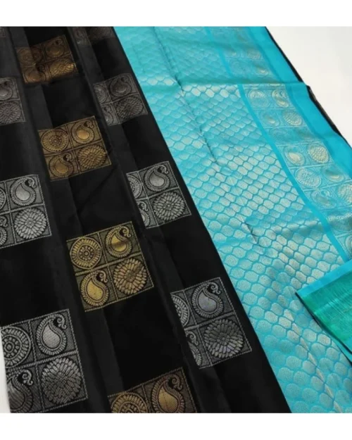 Generic Women's Litchi silk Printed Saree With Unstitched Blouse (Black With Blue)