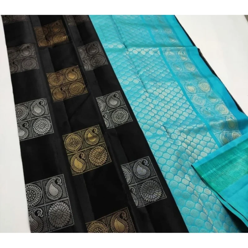BSB233-SAs-YYYh-5018-blkliblu-main-1000x1000-1.webp Generic Women's Litchi silk Printed Saree With Unstitched Blouse (Black With Blue)