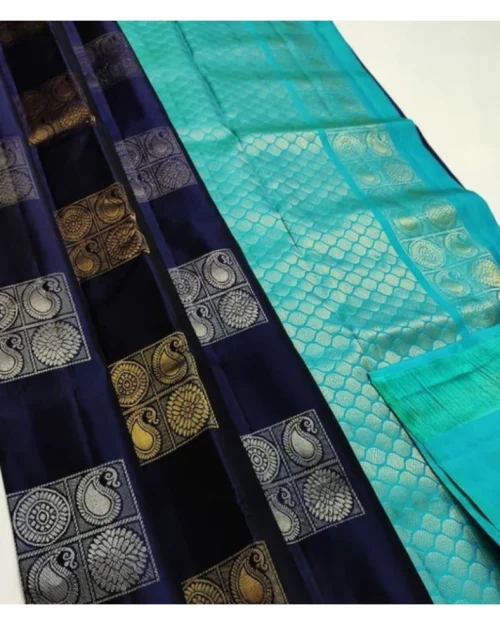 Generic Women's Litchi silk Printed Saree With Unstitched Blouse (Navy Blue With Turquise Blue)
