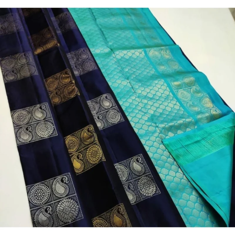 BSB233-SAs-YYYh-5018-blktorblu-main-1000x1000-1.webp Generic Women's Litchi silk Printed Saree With Unstitched Blouse (Navy Blue With Turquise Blue)