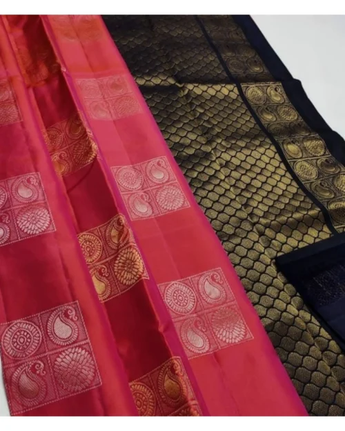 Generic Women's Litchi silk Printed Saree With Unstitched Blouse (Red)