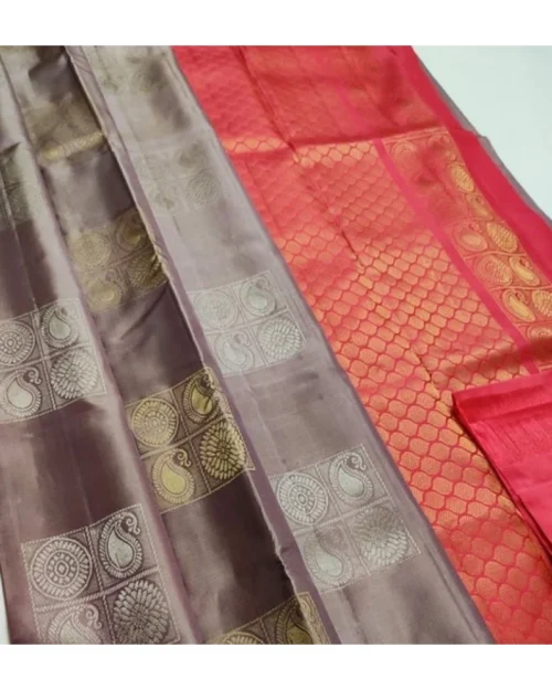 Generic Women's Litchi silk Printed Saree With Unstitched Blouse (Brown With Orange)