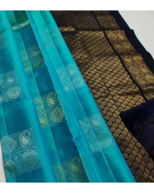 Generic Women's Litchi silk Printed Saree With Unstitched Blouse (Light Blue With Black)