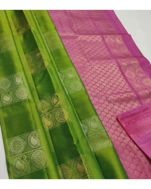 Generic Women's Litchi silk Printed Saree With Unstitched Blouse (Green With Pink)