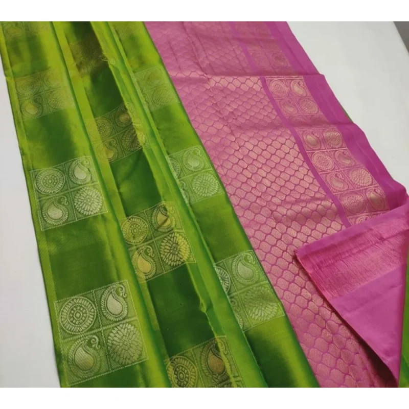 BSB233-SAs-YYYh-5018-ligreen-main-1000x1000-1.webp Generic Women's Litchi silk Printed Saree With Unstitched Blouse (Green With Pink)