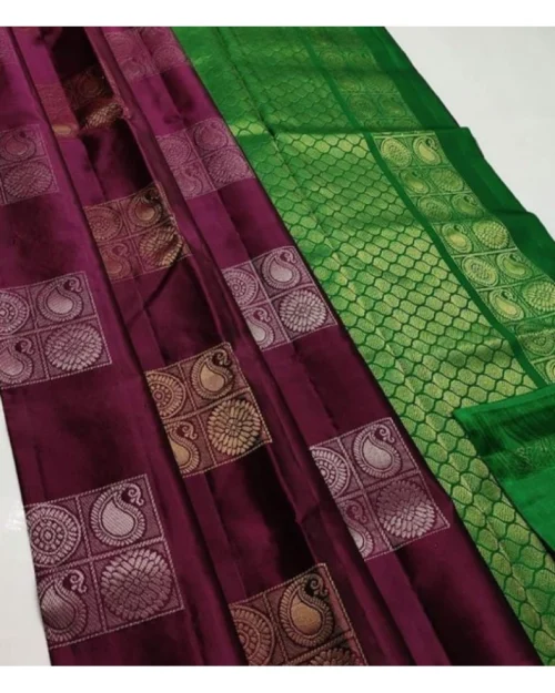 Generic Women's Litchi silk Printed Saree With Unstitched Blouse (Brown With Green)