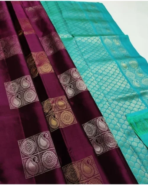 Generic Women's Litchi silk Printed Saree With Unstitched Blouse (Maroon With Turquise Green)