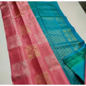 BSB233-SAs-YYYh-5018-pchblu-main-1000x1000-1.webp Generic Women's Litchi silk Printed Saree With Unstitched Blouse (Peach With Turquise Green)
