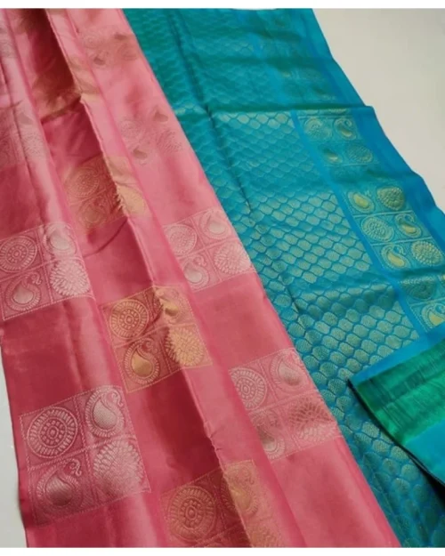 Generic Women's Litchi silk Printed Saree With Unstitched Blouse (Peach With Turquise Green)