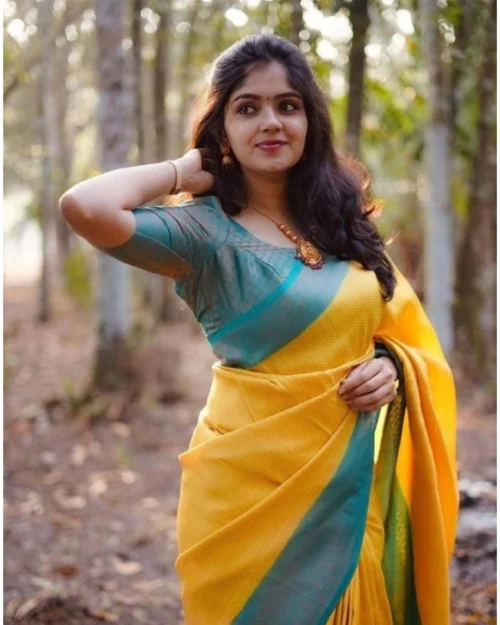 Generic Women's Litchi silk Printed Saree With Unstitched Blouse (Yellow)
