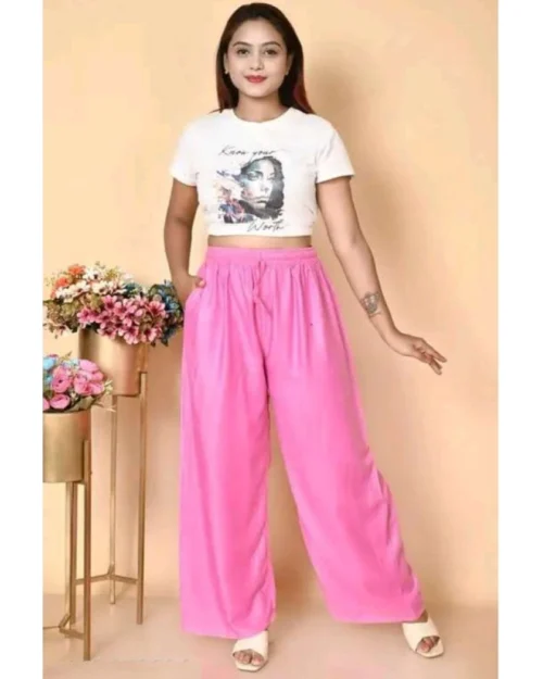 Generic Women's Casual Rayon Solid Ankle Length Palazzo (Pink, Free Size)