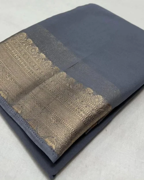 Generic Women's Crepe Chit Pallu Solid Saree With Unstitched Blouse 5.5Mtr (Grey)