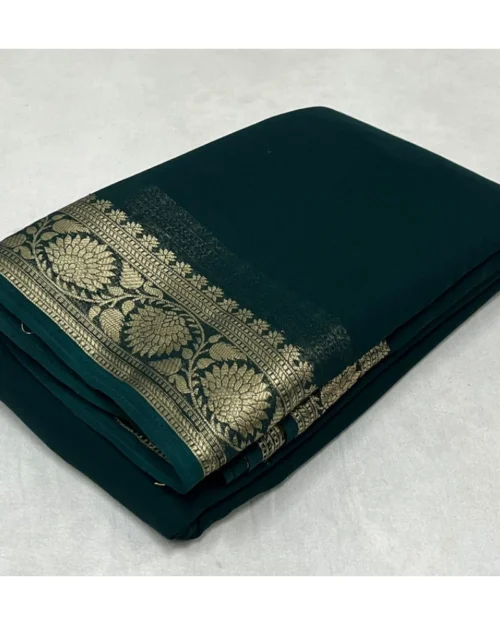 Generic Women's Crepe Chit Pallu Solid Saree With Unstitched Blouse 5.5Mtr (Green)