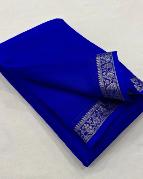 Generic Women's Crepe Chit Pallu Solid Saree With Unstitched Blouse 5.5Mtr (Blue)