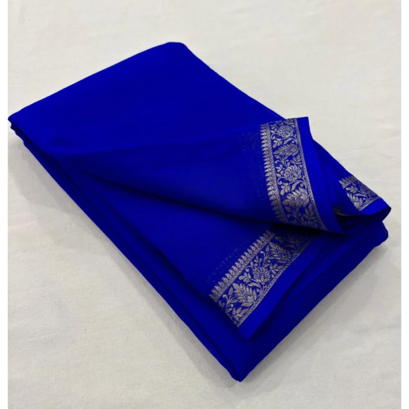 BSB98-SANW1018-Main-1000x1000-1.webp Generic Women's Crepe Chit Pallu Solid Saree With Unstitched Blouse 5.5Mtr (Blue)