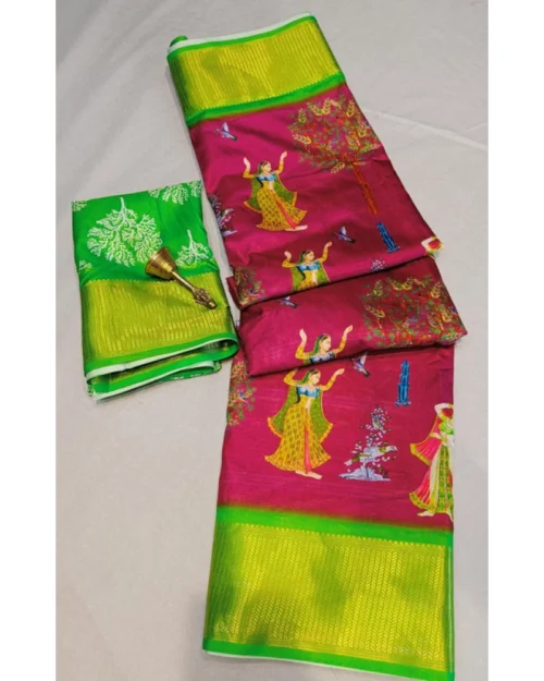 Generic Women's Digital Dolla Silk Printed Saree With Unstitched Blouse 5.5Mtr (Pink)