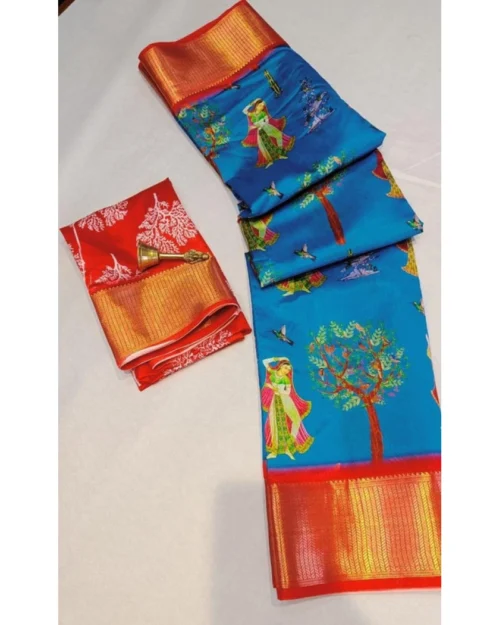 Generic Women's Digital Dolla Silk Printed Saree With Unstitched Blouse 5.5Mtr (Sky Blue)
