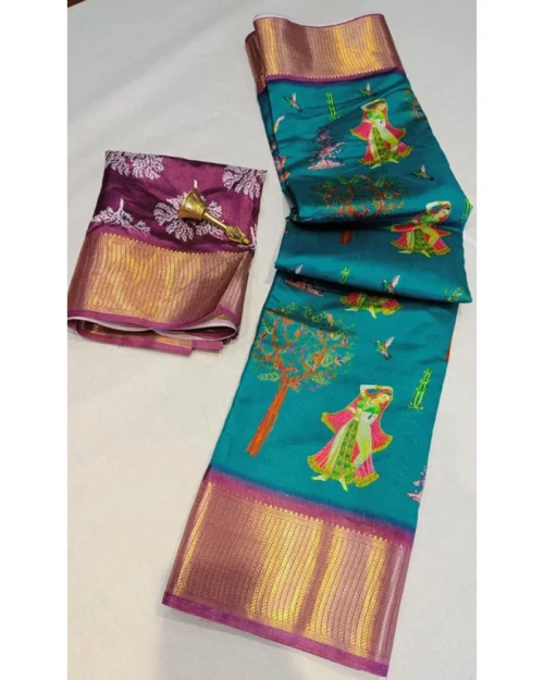 Generic Women's Digital Dolla Silk Printed Saree With Unstitched Blouse 5.5Mtr (Turquoise Green)