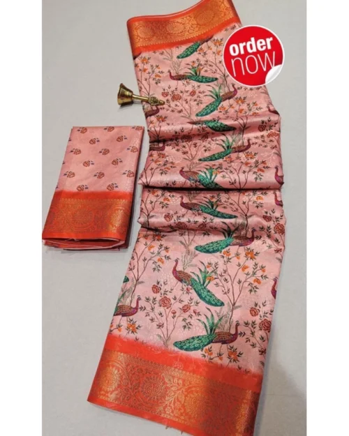 Generic Women's Digital Dolla Silk Printed Saree With Unstitched Blouse 5.5Mtr (Orange)
