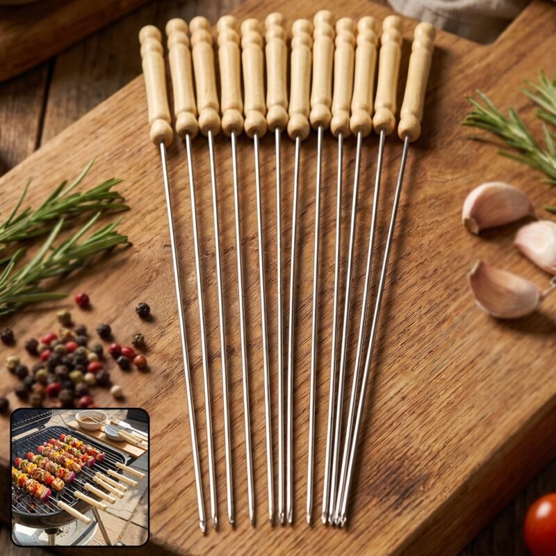 Barbeque-Stick-1.jpg Stainless Steel BBQ Skewers � Reusable Grilling Sticks with Wooden Handle