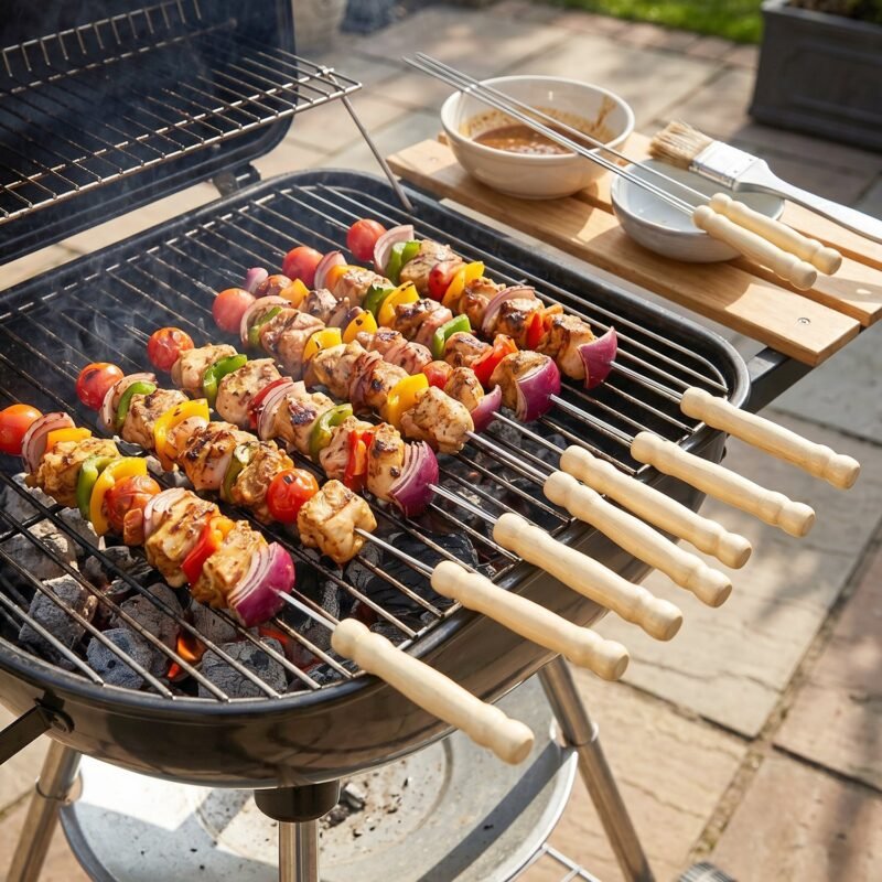Barbeque-Stick-3.jpg Stainless Steel BBQ Skewers � Reusable Grilling Sticks with Wooden Handle