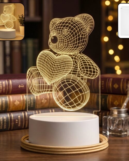 3D Teddy Bear Night Lamp – Captivating Heart Illusion for Kids and Home