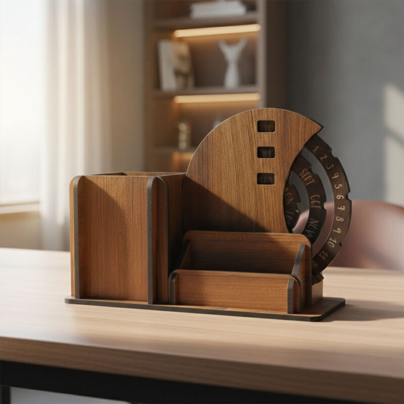 Wooden Desk Organizer with Rotating Calendar for Office