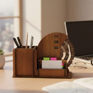 Wooden Desk Organizer with Rotating Calendar for Office