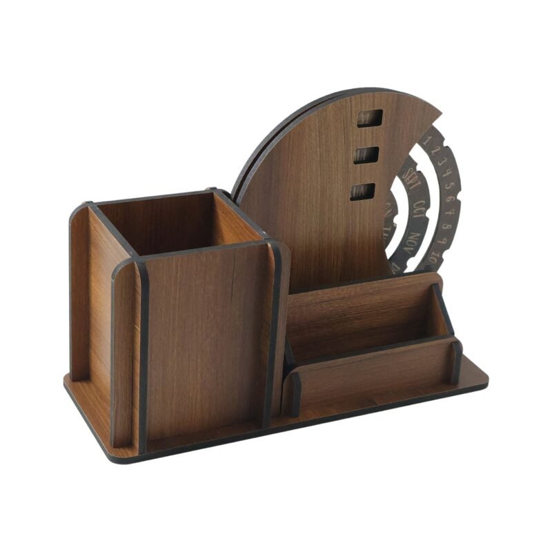 Wooden Desk Organizer with Rotating Calendar for Office
