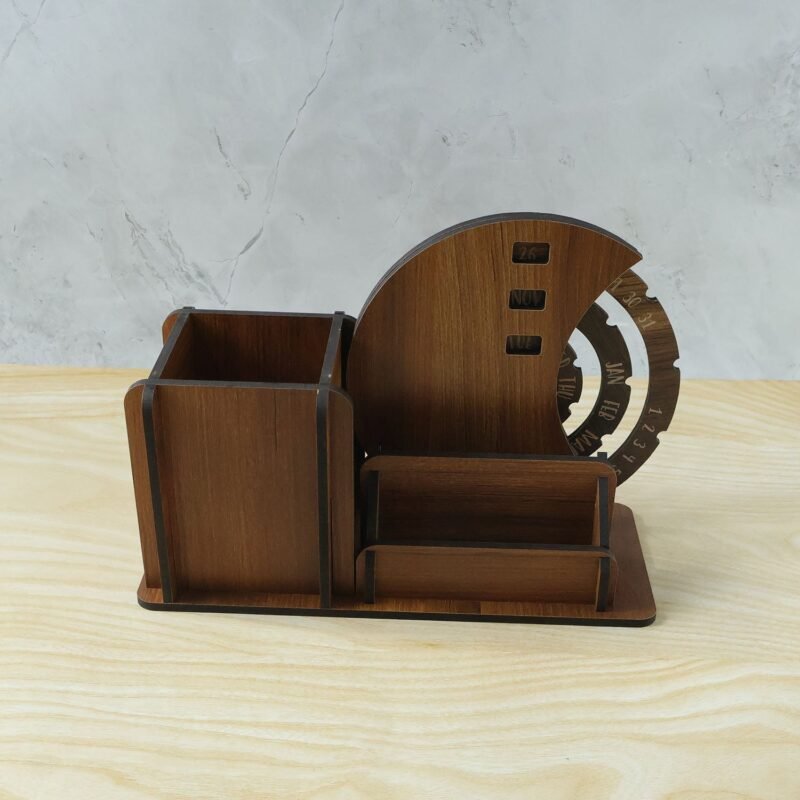Wooden Desk Organizer with Rotating Calendar for Office