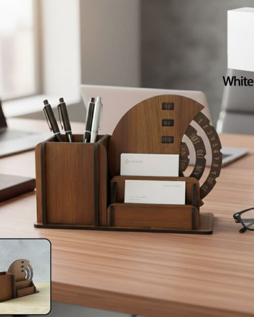 Wooden Desk Organizer with Rotating Calendar for Office