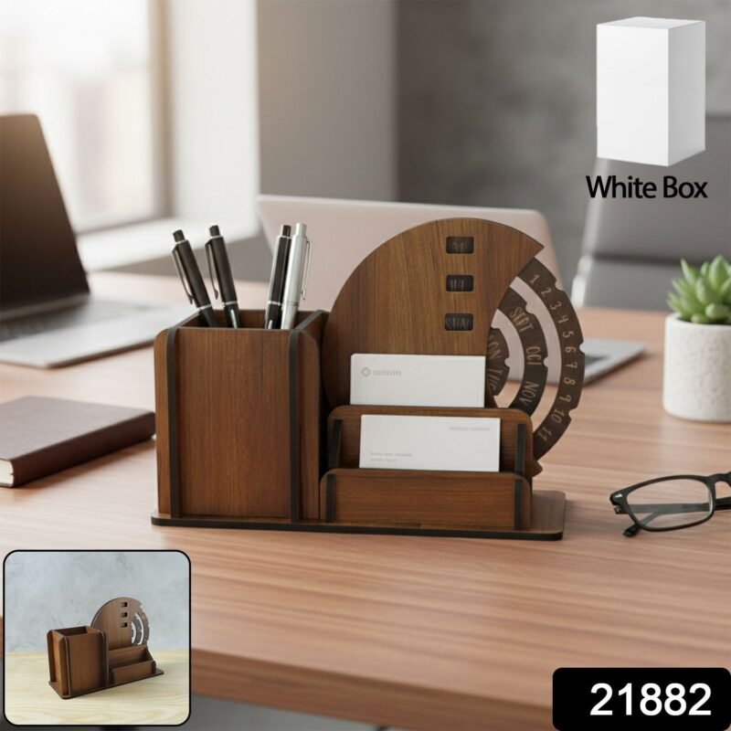 Wooden Desk Organizer with Rotating Calendar for Office