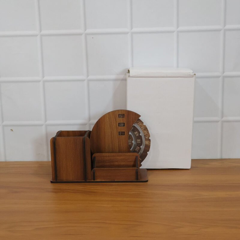 Wooden Desk Organizer with Rotating Calendar for Office