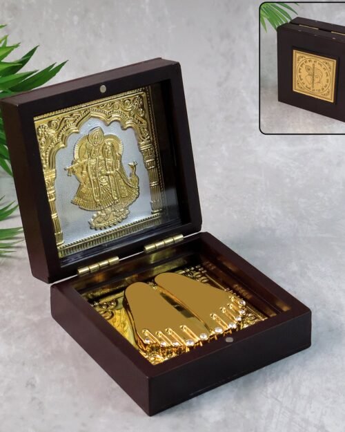 Charan Paduka Gold Finish in Wooden Box – Elegant Pooja Gift