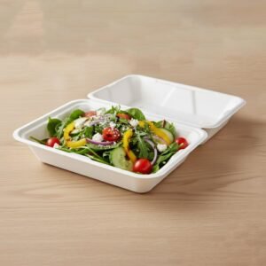 Clamshell-03.jpg Bagasse Clamshell Food Box – Eco-Friendly 9x6 Inch Disposable Set