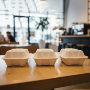 Clamshell-06.jpg Bagasse Clamshell Food Box – Eco-Friendly 9x6 Inch Disposable Set