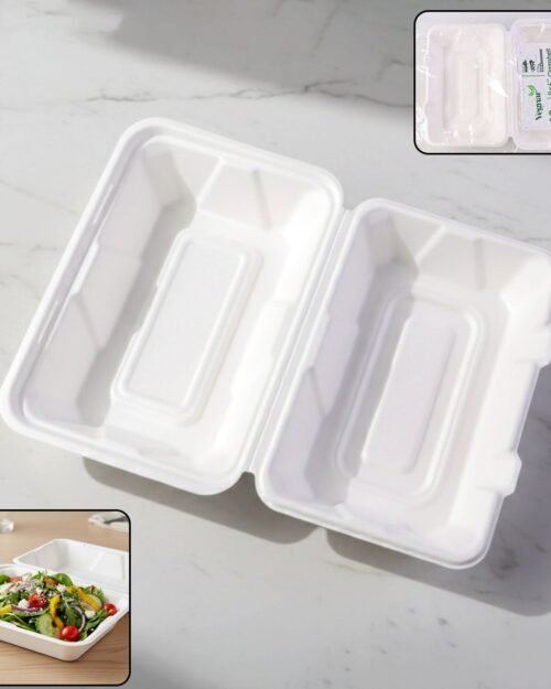 Bagasse Clamshell Food Box – Eco-Friendly 9x6 Inch Disposable Set
