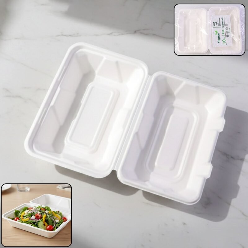 Clamshell-WOSKU-01.jpg Bagasse Clamshell Food Box – Eco-Friendly 9x6 Inch Disposable Set