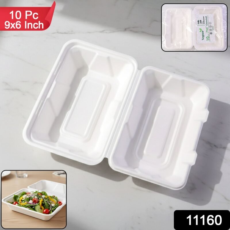 Clamshell-WSKU-01.jpg Bagasse Clamshell Food Box – Eco-Friendly 9x6 Inch Disposable Set