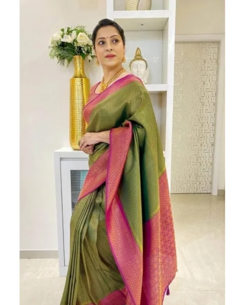 Generic Women's Soft Lichi Silk Printed Saree With Unstitched Blouse 5.5Mtr (Mehndi-Green)