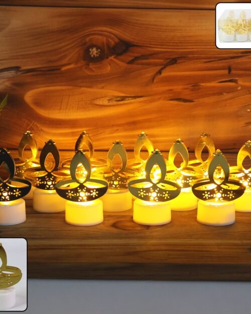 Golden Diya LED Tealight Candles – Safe Flameless Decor Set of 12