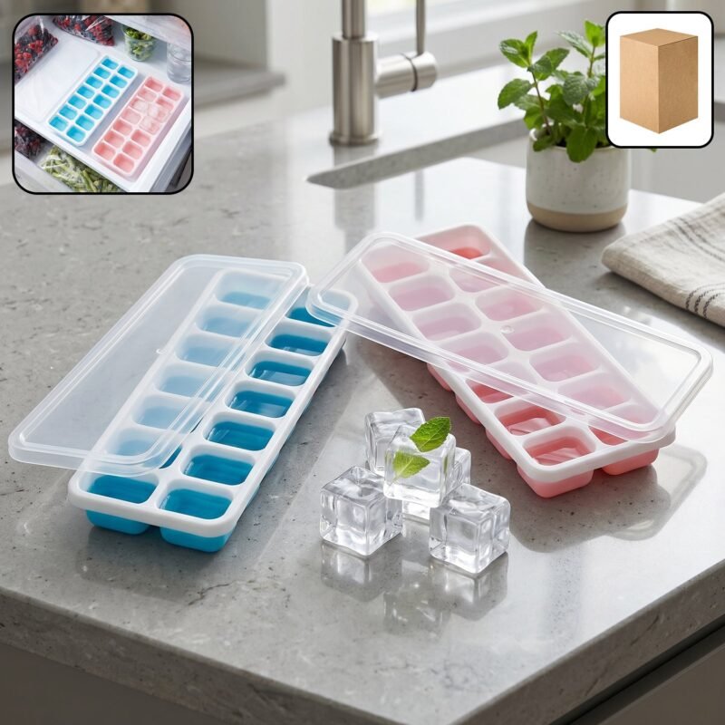 ICE-CUBE-TRAY-1.jpg Plastic Ice Cube Tray with Lid � Hygienic & Easy Release, Pack of 2