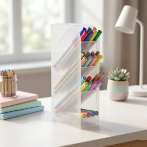 Desk Organizer � 4 Compartments in Clear Plastic for Office Supplies