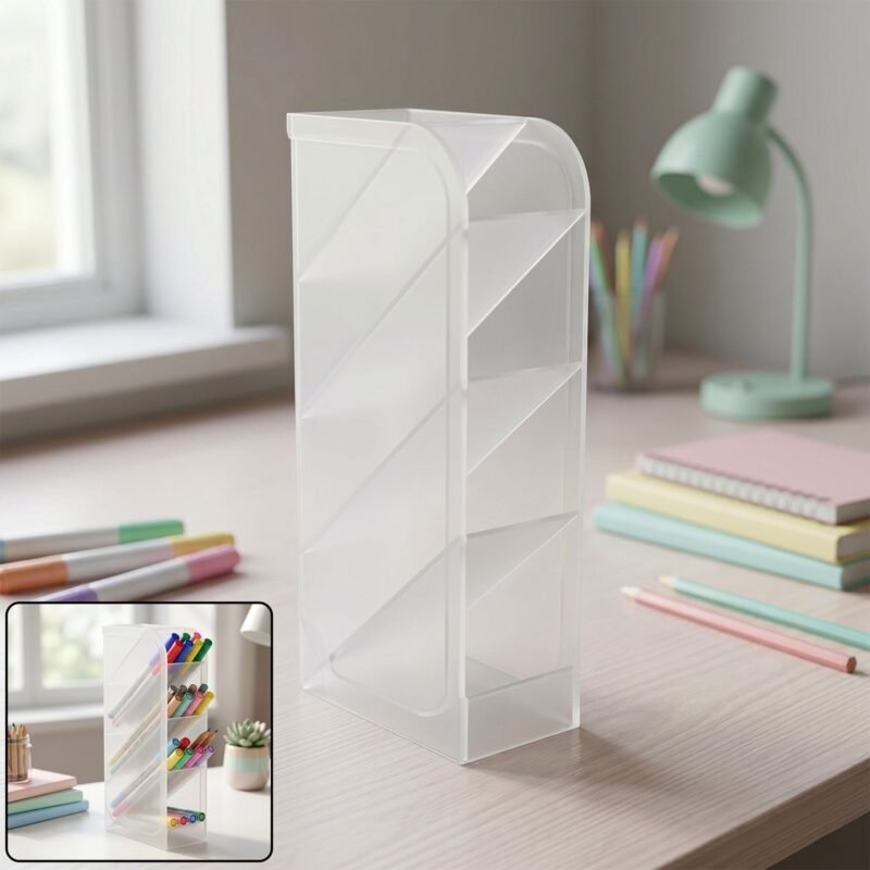 Desk Organizer � 4 Compartments in Clear Plastic for Office Supplies