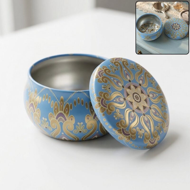 MatkaShapedTinBox-WOSKU-01.jpg Mandala Metal Candle Container – Reusable & Vibrant Decor