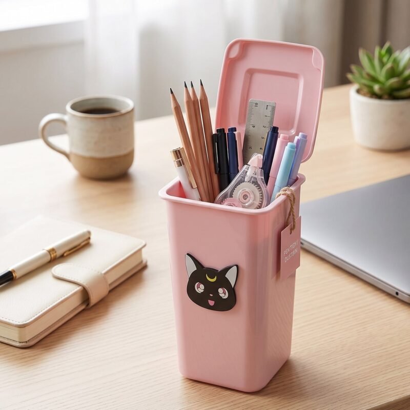 MiniDesktopTrashbox-05.jpg Mini Trash Can Pen Stand � Cute Desk Organizer with Lid