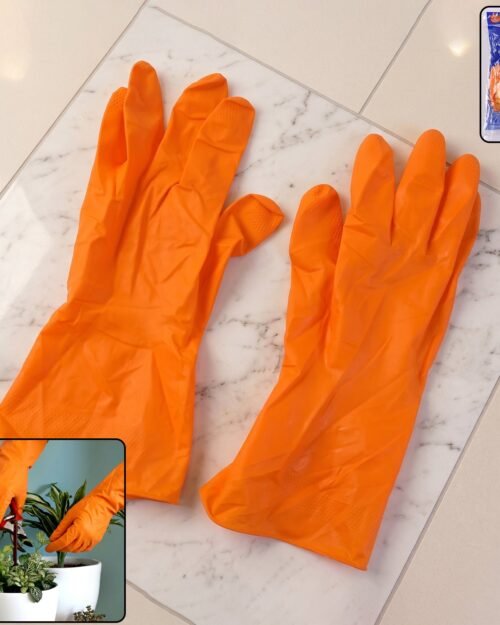 Large Orange Waterproof Rubber Gloves � Reusable Kitchen Protectors